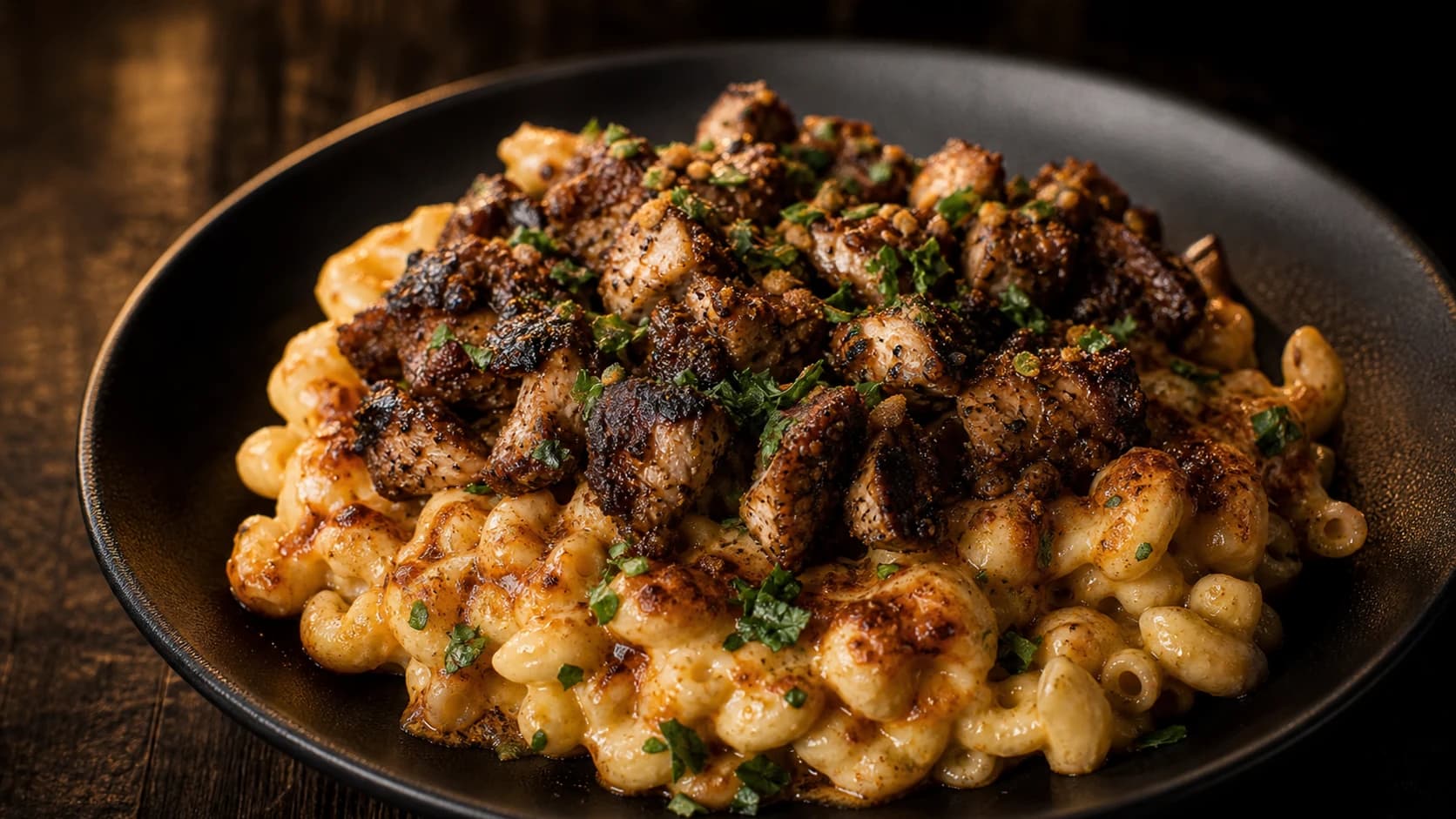 Mac n cheese caribéen doré sur assiette noire