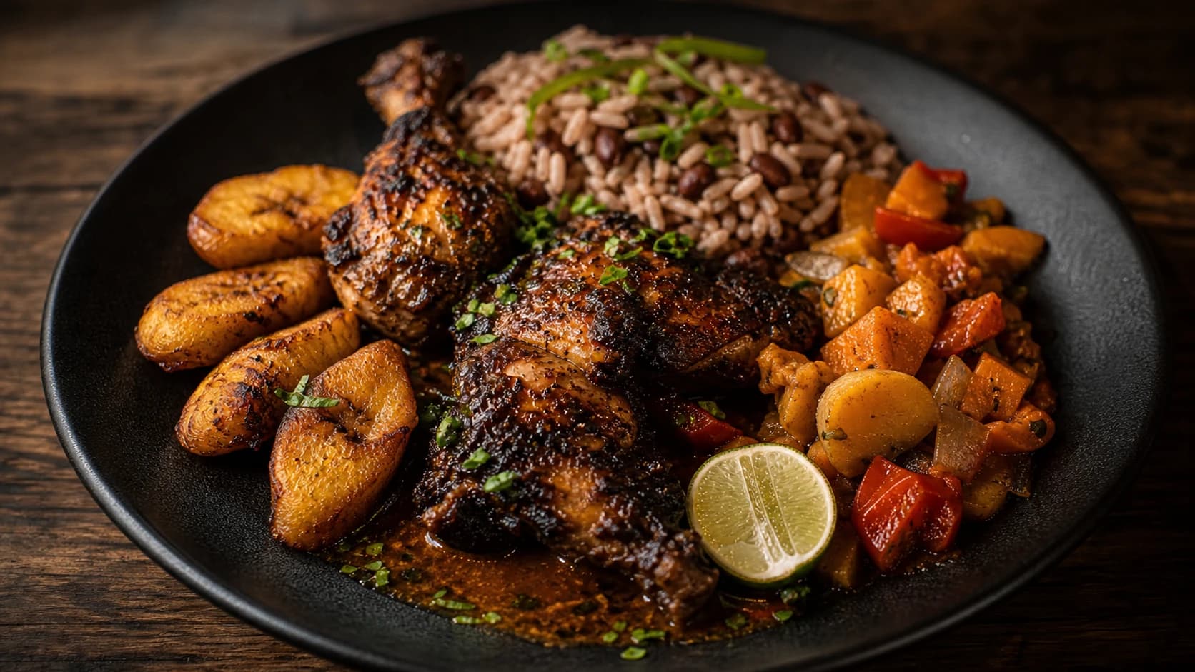 Plat des îles avec riz, plantains et légumes