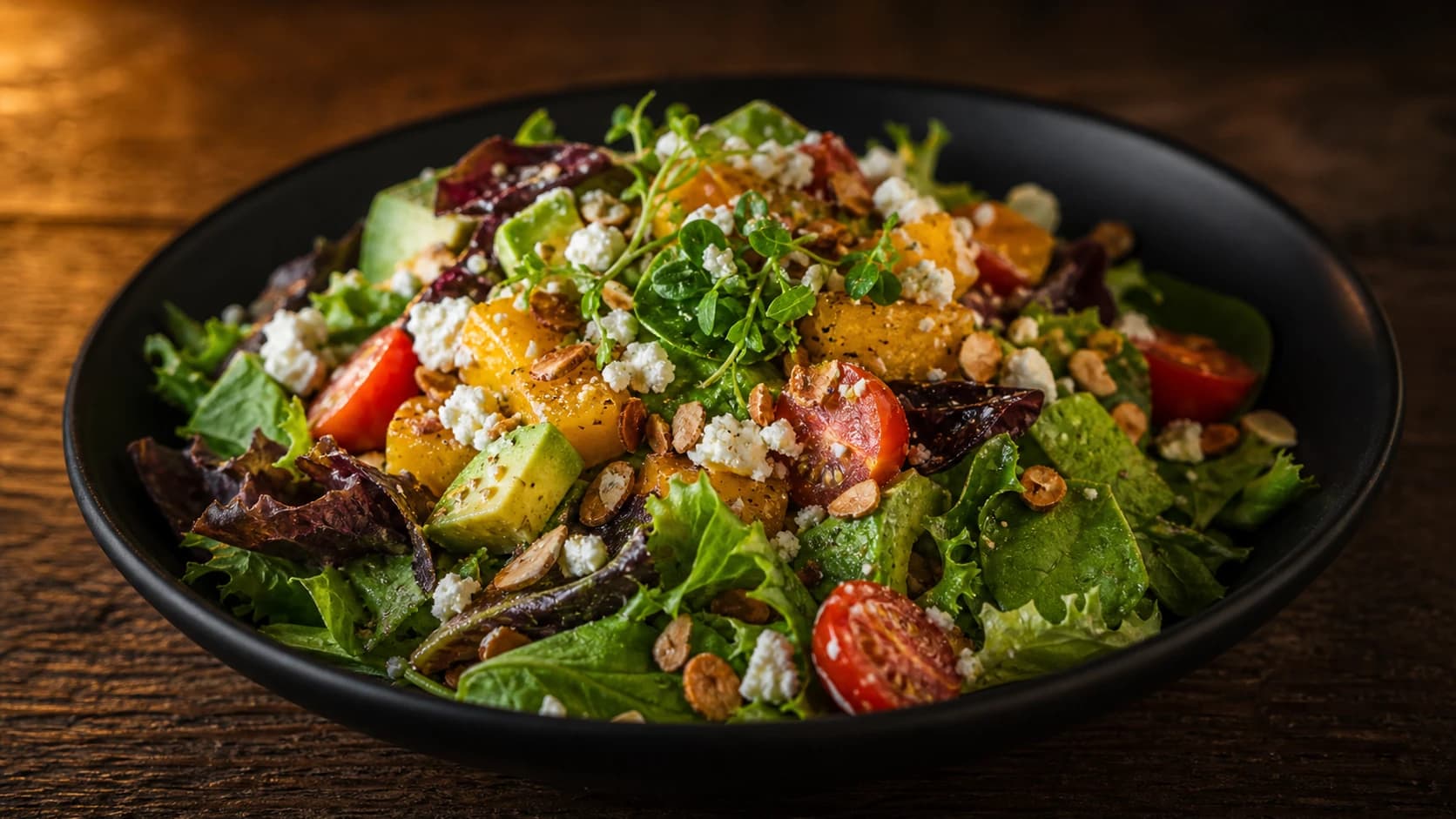 Salade tropicale dans un bol noir