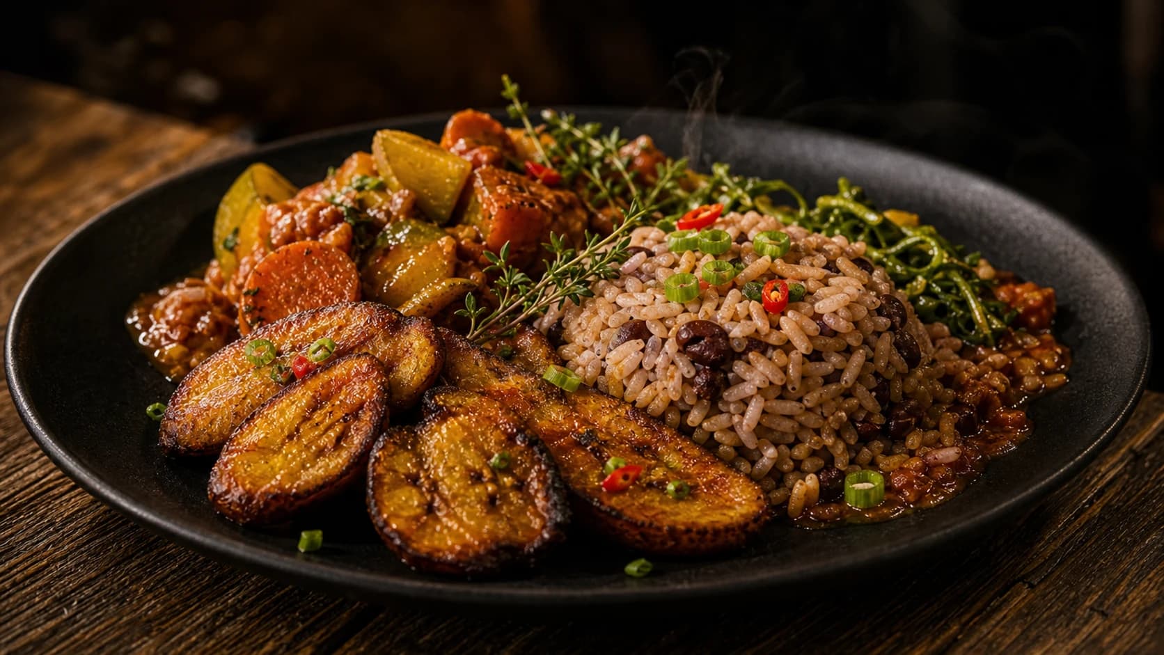 Riz, plantains et légumes servis sur assiette noire