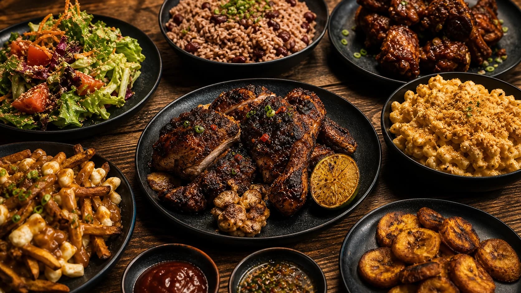 Table de classiques caribéens servis sur assiettes noires