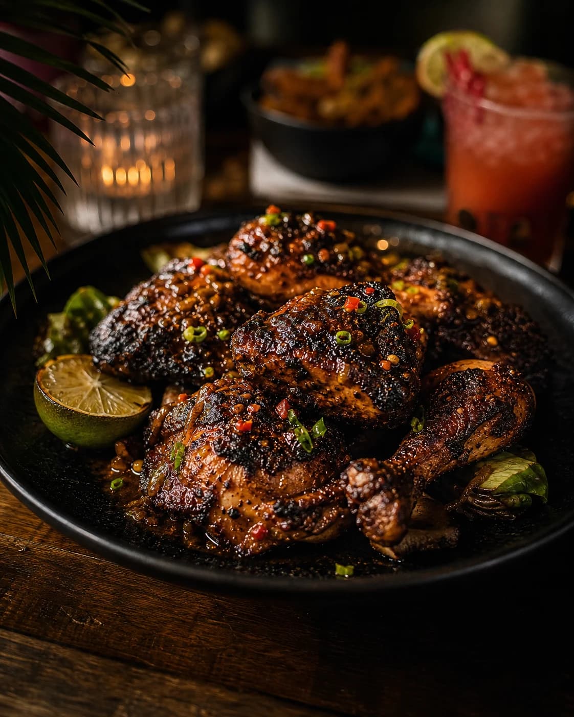 Poulet jerk caramélisé sur assiette noire