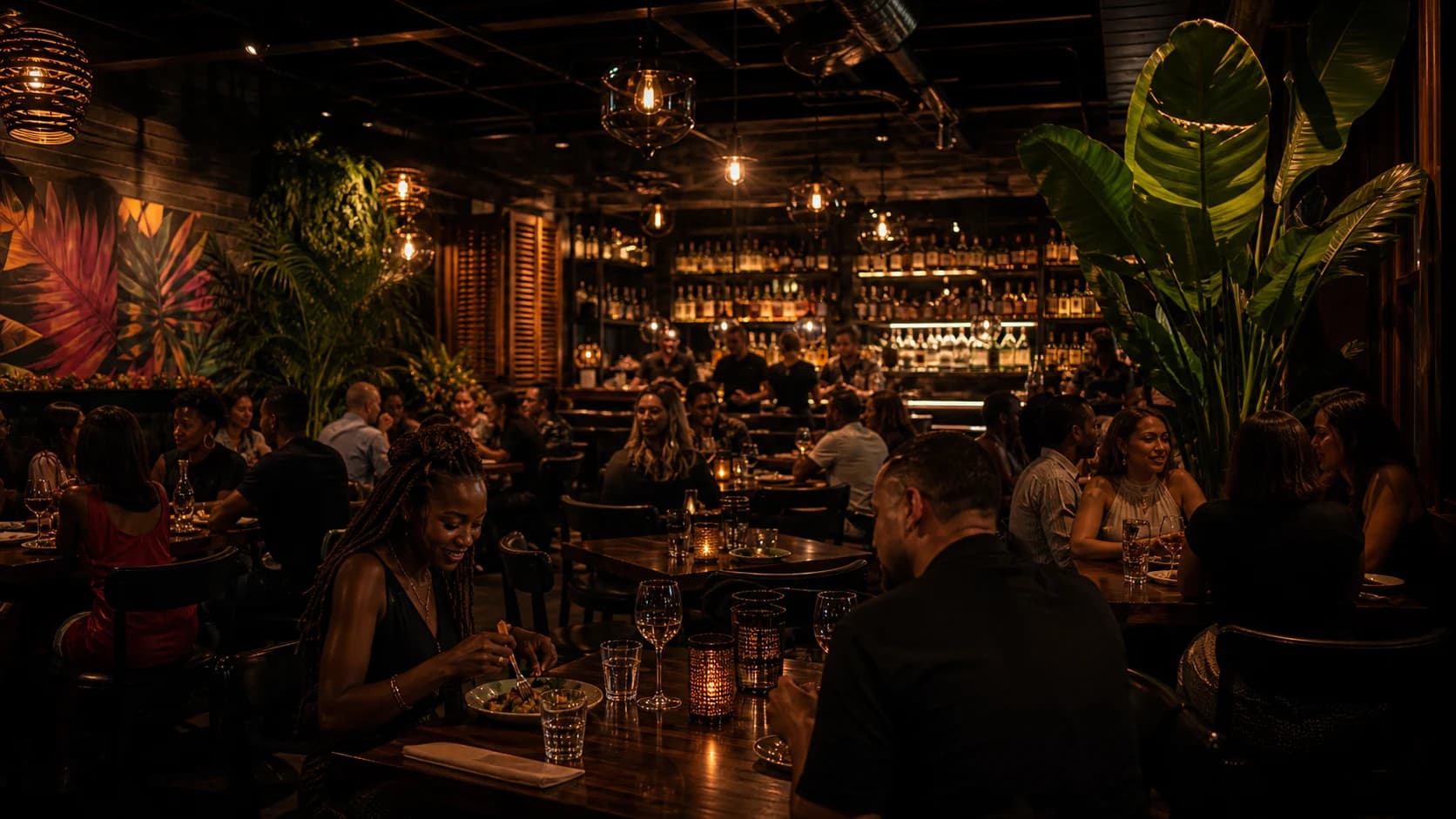 Salle de restaurant caribéen chaleureuse avec invités et bar