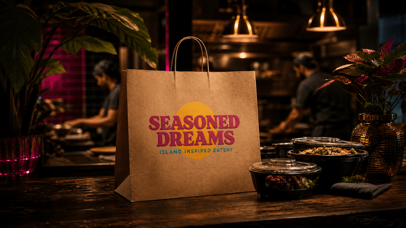 Sac de commande Seasoned Dreams sur comptoir de restaurant