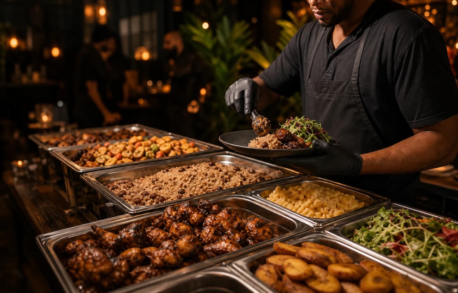 Service traiteur caribéen avec plateaux chauds