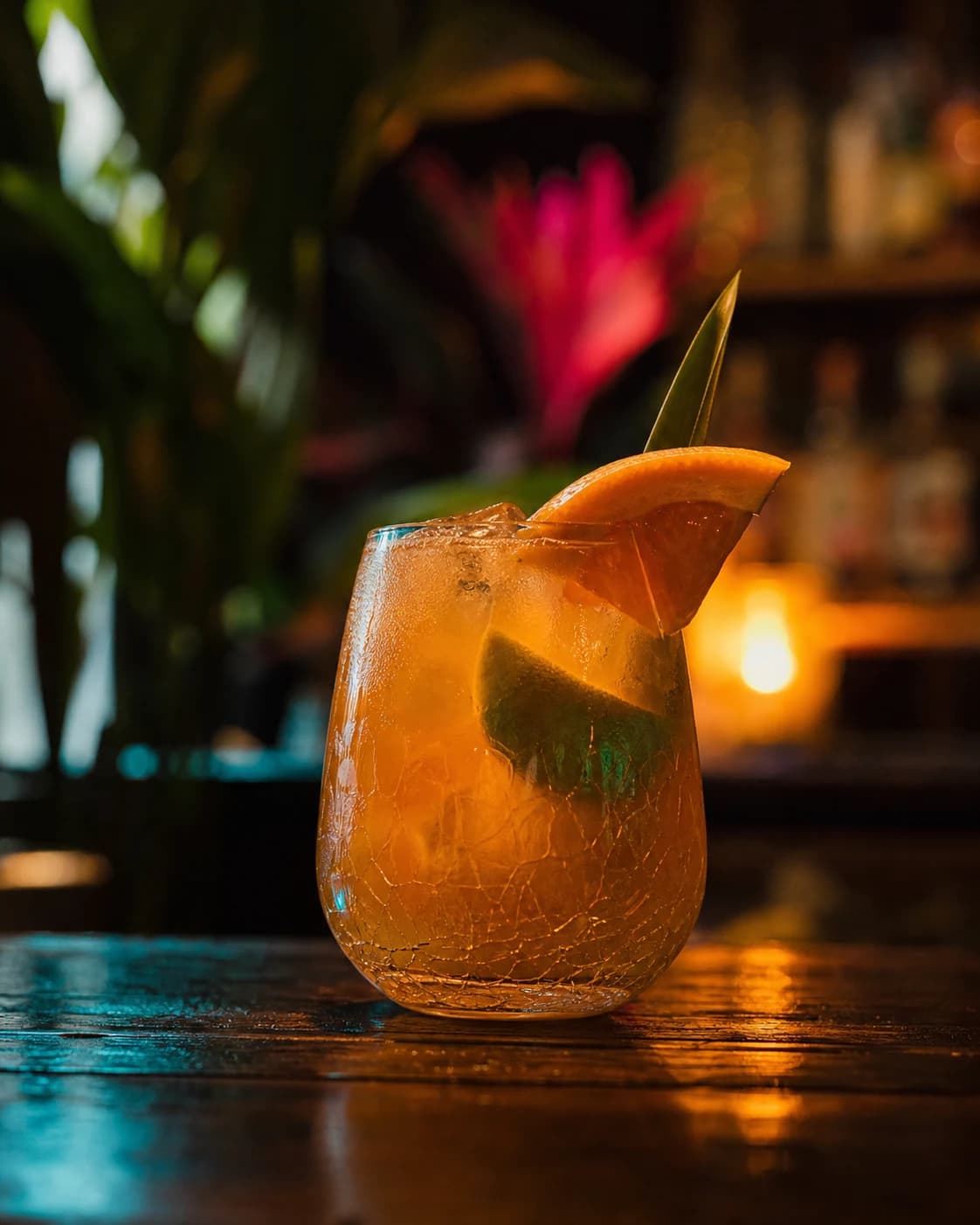 Cocktail tropical sur bar sombre