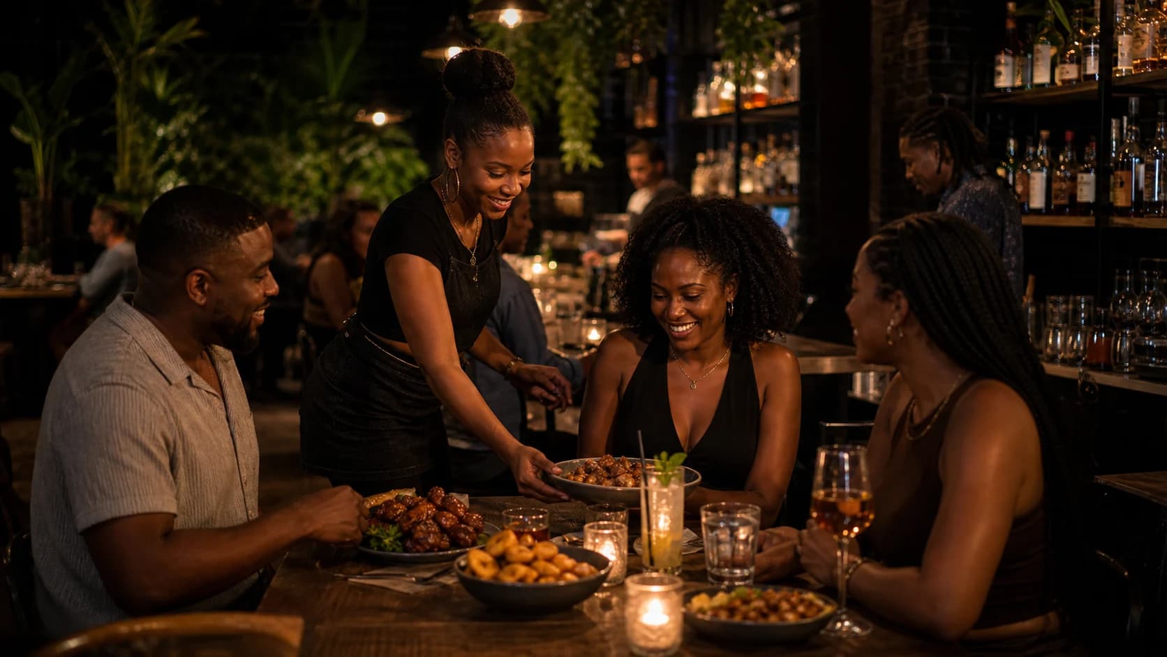 Amis à table dans un restaurant chaleureux